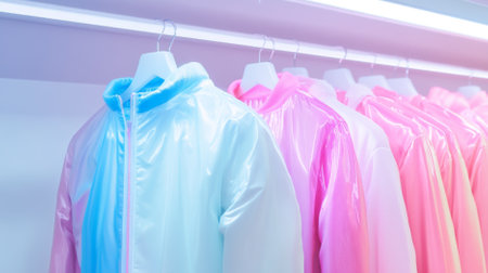 Colorful raincoats on hangers in wardrobe with neon lighting, pastel colors, background, AI generatedの素材