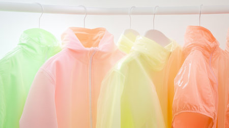 Colorful neon jackets on hangers in minimalist closet setting, AI generatedの素材