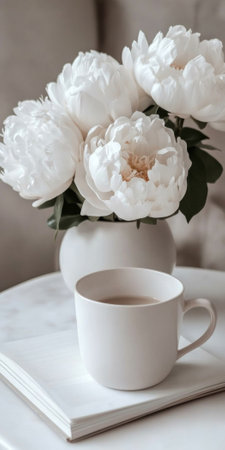White peonies in vase and cup of coffee on notebook, cozy setting, AI generatedの素材