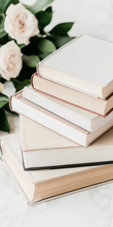 Stack of books with white flowers, lifestyle aesthetic background, AI generatedの素材