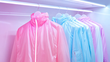 Colorful raincoats on hangers in wardrobe with neon lighting, pastel colors, background, AI generatedの素材