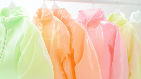 Colorful neon jackets on hangers in minimalist closet setting, AI generatedの素材