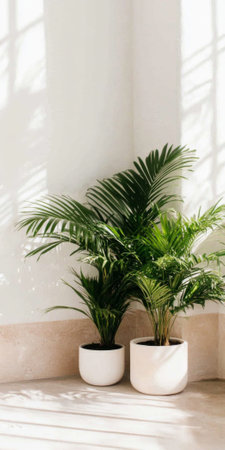 Indoor palm plant in woven basket by window with sheer curtains, background, AI generatedの素材