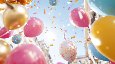 Colorful balloons and confetti floating in sunny sky, festive celebration concept background, AI Generatedの素材