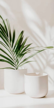 Green potted plants in white airy Japandi style interior with copy space background, AI generatedの素材
