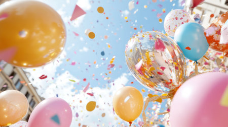 Colorful balloons and confetti floating in sunny sky, festive celebration concept background, AI Generatedの素材