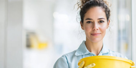 Latin american young woman cleaning in kitchen with mop and gloves, concept of cleaning service, housework and hygiene, AI generatedの素材