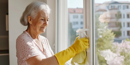 Elderly silver haired woman cleaning window with cloth in bright sunny room, spring cleaning concept, AI Generatedの素材