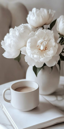 White peonies in vase and cup of coffee on notebook, cozy setting, AI generatedの素材