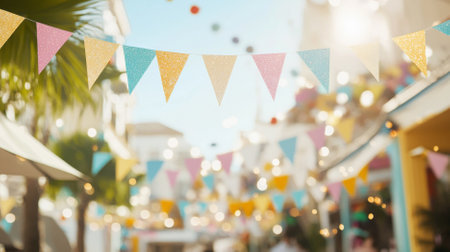 Mardi gras festival colorful pennant banners in outdoor festive scene, celebration background, copy space, AI Generatedの素材