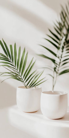 Green potted plants in white airy Japandi style interior with copy space background, AI generatedの素材