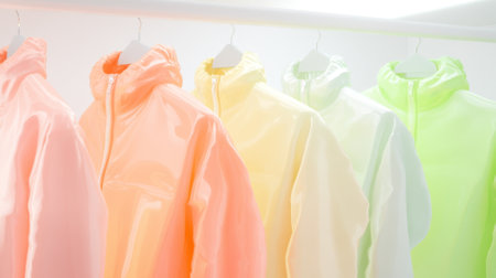 Colorful neon jackets on hangers in minimalist closet setting, AI generatedの素材