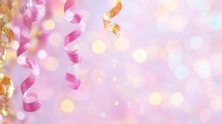 Pink balloons and shimmering ribbons on festive bokeh background, AI Generatedの素材