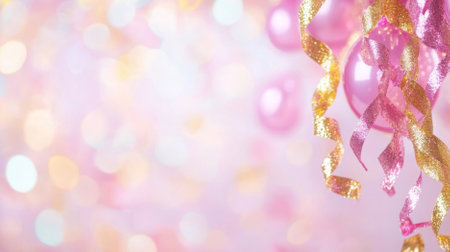 Pink balloons and shimmering ribbons on festive bokeh background, AI Generatedの素材