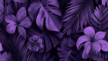 Purple tropical leaves and flowers pattern, suitable for background, AI Generatedの素材