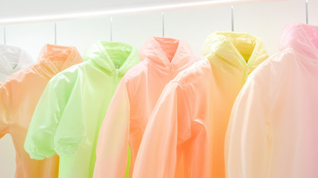 Colorful neon jackets on hangers in minimalist closet setting, AI generatedの素材