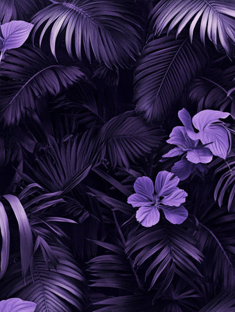 Purple tropical leaves and flowers pattern, suitable for background, AI Generatedの素材