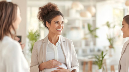 Pregnant woman in bright modern office setting with colleagues, copy space background, AI Generatedの素材