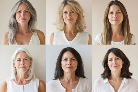 Portraits composite collage of diverse women of various ages and ethnicities against neutral pastel background, AI generatedの素材