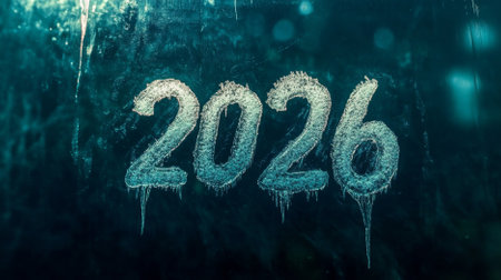 New Year 2026 frosty glass with snowflakes and bokeh lights background, AI generatedの素材