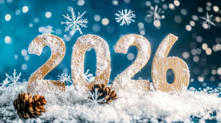 New year 2026 numbers in snow with bokeh lights, holiday and winter theme, AI Generatedの素材
