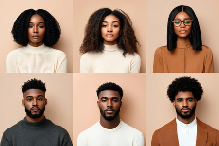 Portraits collage of African American men and women with different hairstyles on a neutral background, AI generatedの素材