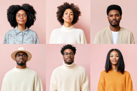 Portraits collage of African American men and women with different hairstyles on a neutral background, AI generatedの素材