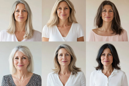 Portraits composite collage of diverse women of various ages and ethnicities against neutral pastel background, AI generatedの素材