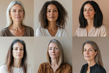 Portraits composite collage of diverse women of various ages and ethnicities against neutral pastel background, AI generatedの素材
