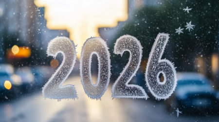 New Year 2026 frosty glass with snowflakes and bokeh lights background, AI generatedの素材