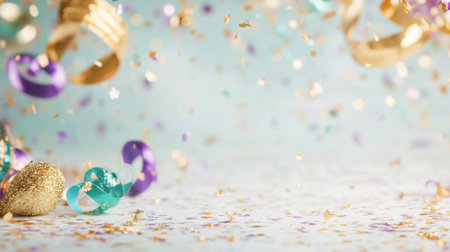 Mardi Gras carnival mask with festive lights, holiday concept, background, copy space, AI generatedの素材