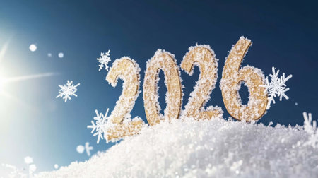 New year 2026 numbers in snow with bokeh lights, holiday and winter theme, AI Generatedの素材
