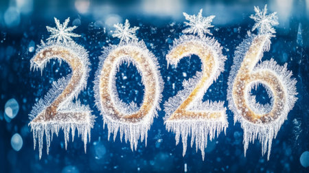 New Year 2026 frosty glass with snowflakes and bokeh lights background, AI generatedの素材