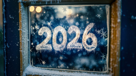 New Year 2026 frosty glass with snowflakes and bokeh lights background, AI generatedの素材