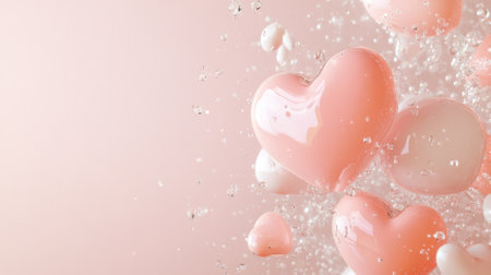 St Valentines Day inflated hearts in pastel colors floating in dreamy background with copy space, AI Generatedの素材