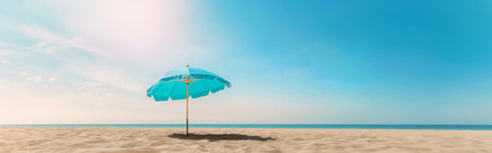 Beach umbrella on sandy beach under clear blue sky, summertime relaxation background, AI generatedの素材