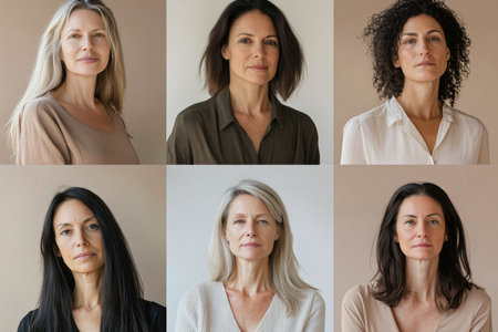 Portraits composite collage of diverse women of various ages and ethnicities against neutral pastel background, AI generatedの素材