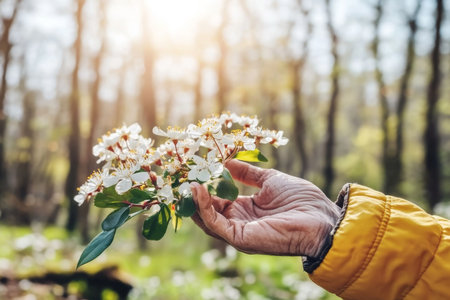 Elderly hand holding beautiful spring blossoms in sunny forest background, AI Generatedの素材