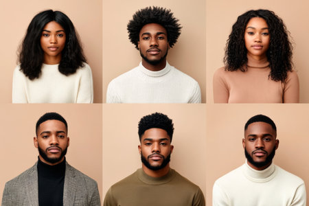 Portraits collage of African American men and women with different hairstyles on a neutral background, AI generatedの素材