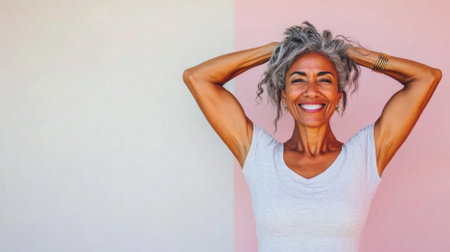 Smiling woman in white shirt posing against pink and white background, AI generatedの素材