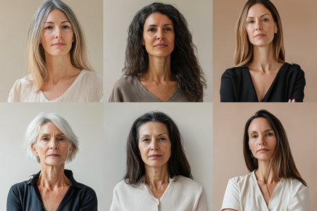 Portraits composite collage of diverse women of various ages and ethnicities against neutral pastel background, AI generatedの素材