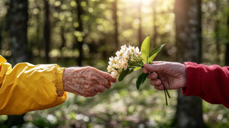 Elderly hands exchanging flowers in forest setting during autumn, concept of Valentines Day, AI Generatedの素材
