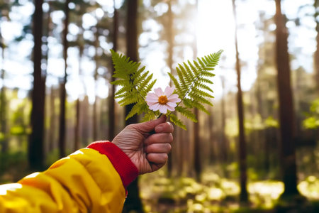 Hand of elderly person holding wildflowers and fern in sunlit forest, nature and aging concept, AI generatedの素材