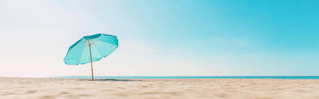 Beach umbrella on sandy beach under clear blue sky, summertime relaxation background, AI generatedの素材