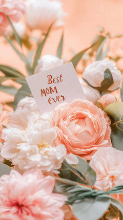 Mothers Day floral arrangement featuring pink roses and card Best Mom ever, holiday celebration postcard, AI generatedの素材