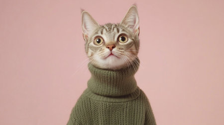 Gray Cat in cozy knitted sweater against color background, AI Generatedの素材