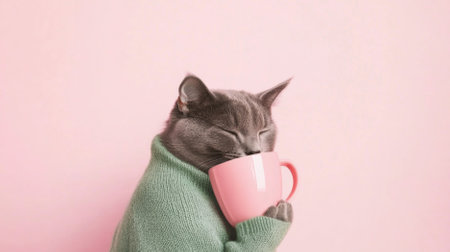 Cat in sweater hugging pink coffee mug on light pink background, AI generatedの素材