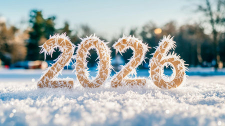 New year 2026 numbers in snow with bokeh lights, holiday and winter theme, AI Generatedの素材