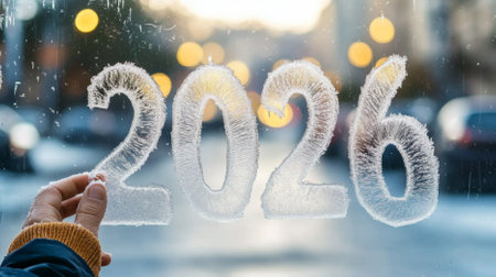 New Year 2026 frosty glass with snowflakes and bokeh lights background, AI generatedの素材
