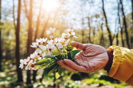Elderly hand holding beautiful spring blossoms in sunny forest background, AI Generatedの素材